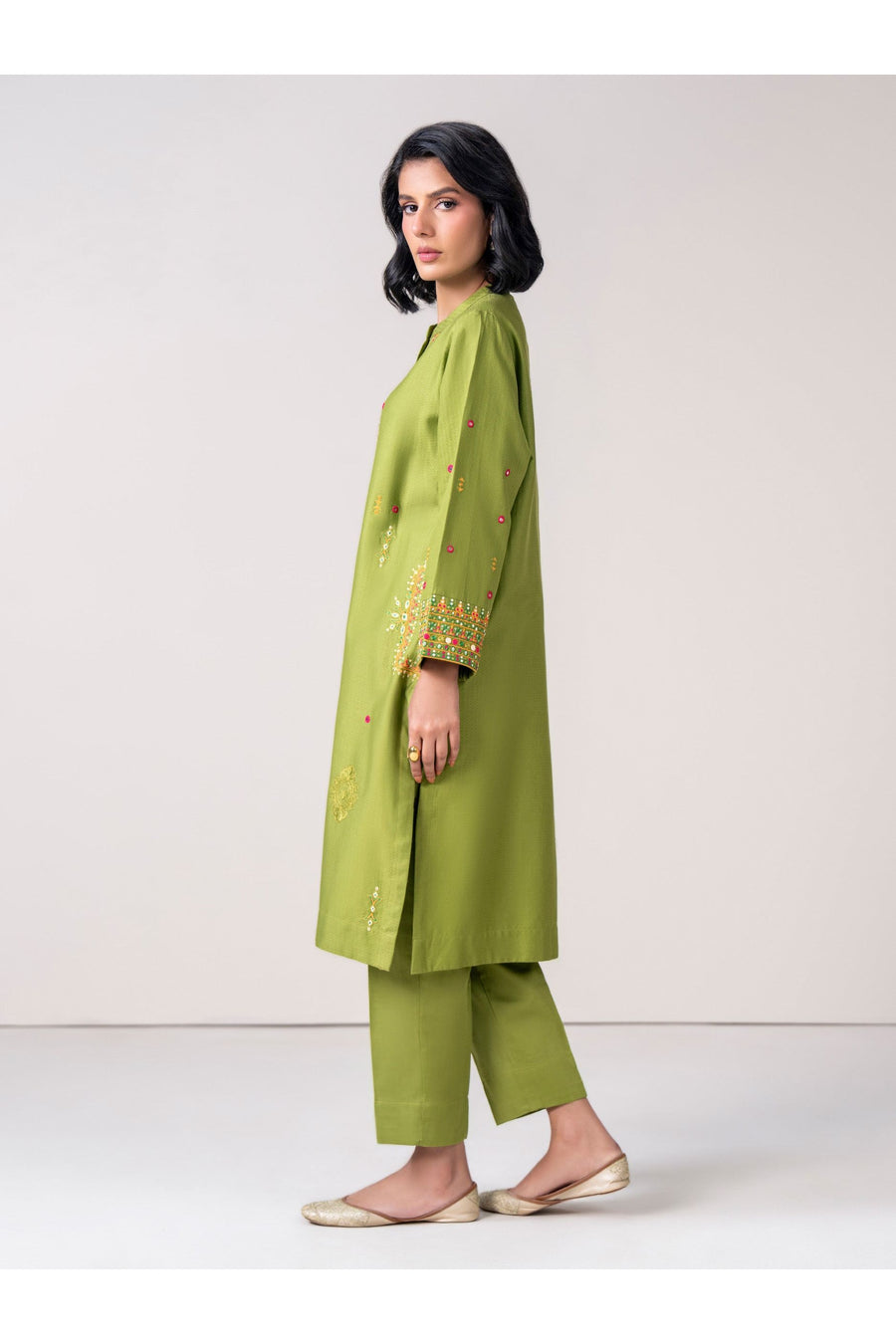 Sage Green Dobby 3-Piece Suit | Zardosi Mirror Work