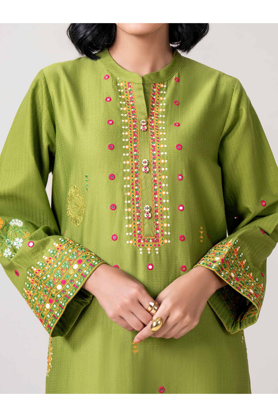 Sage Green Dobby 3-Piece Suit | Zardosi Mirror Work