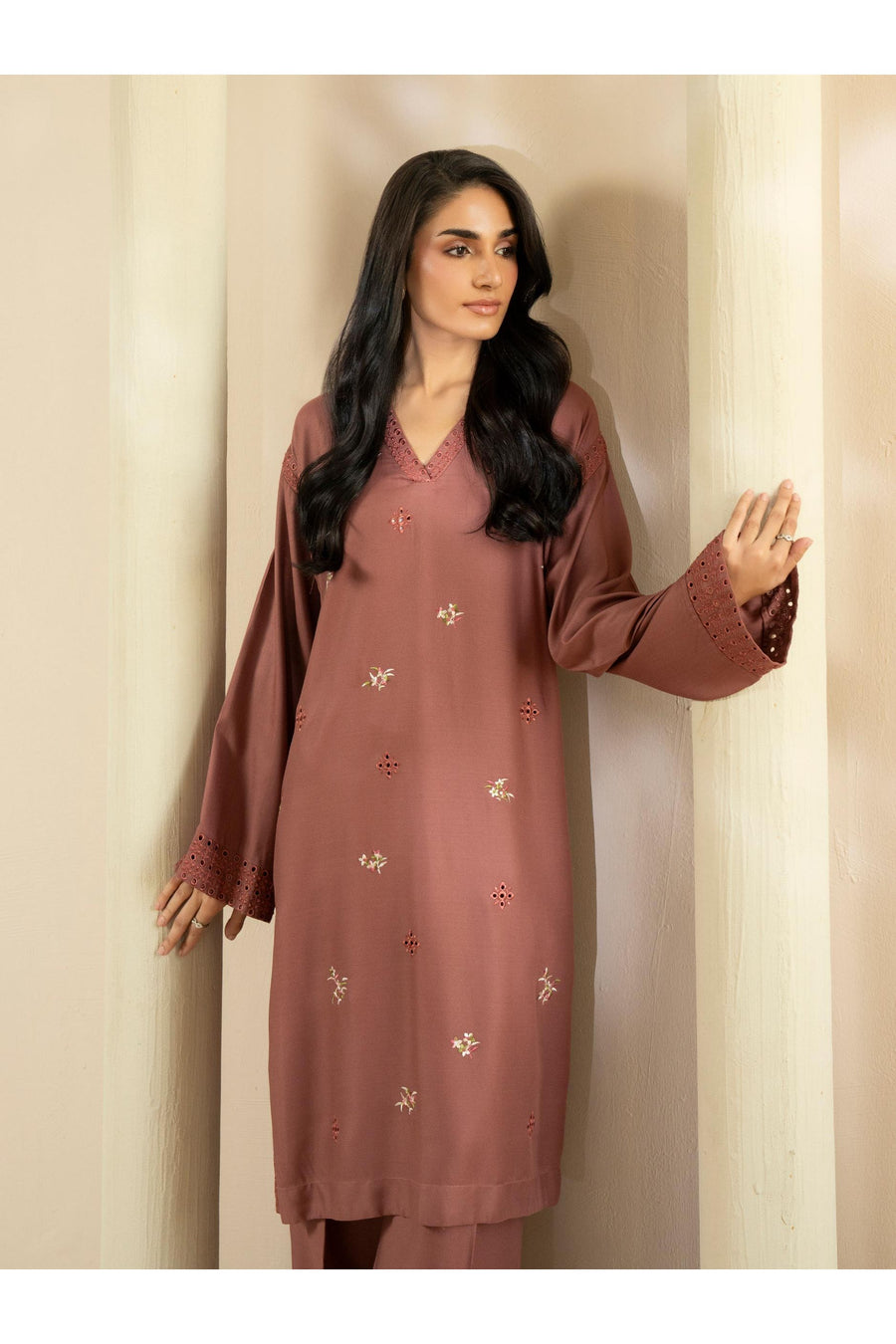 Embroidered 2 Piece Crepe Suit in Casual Style