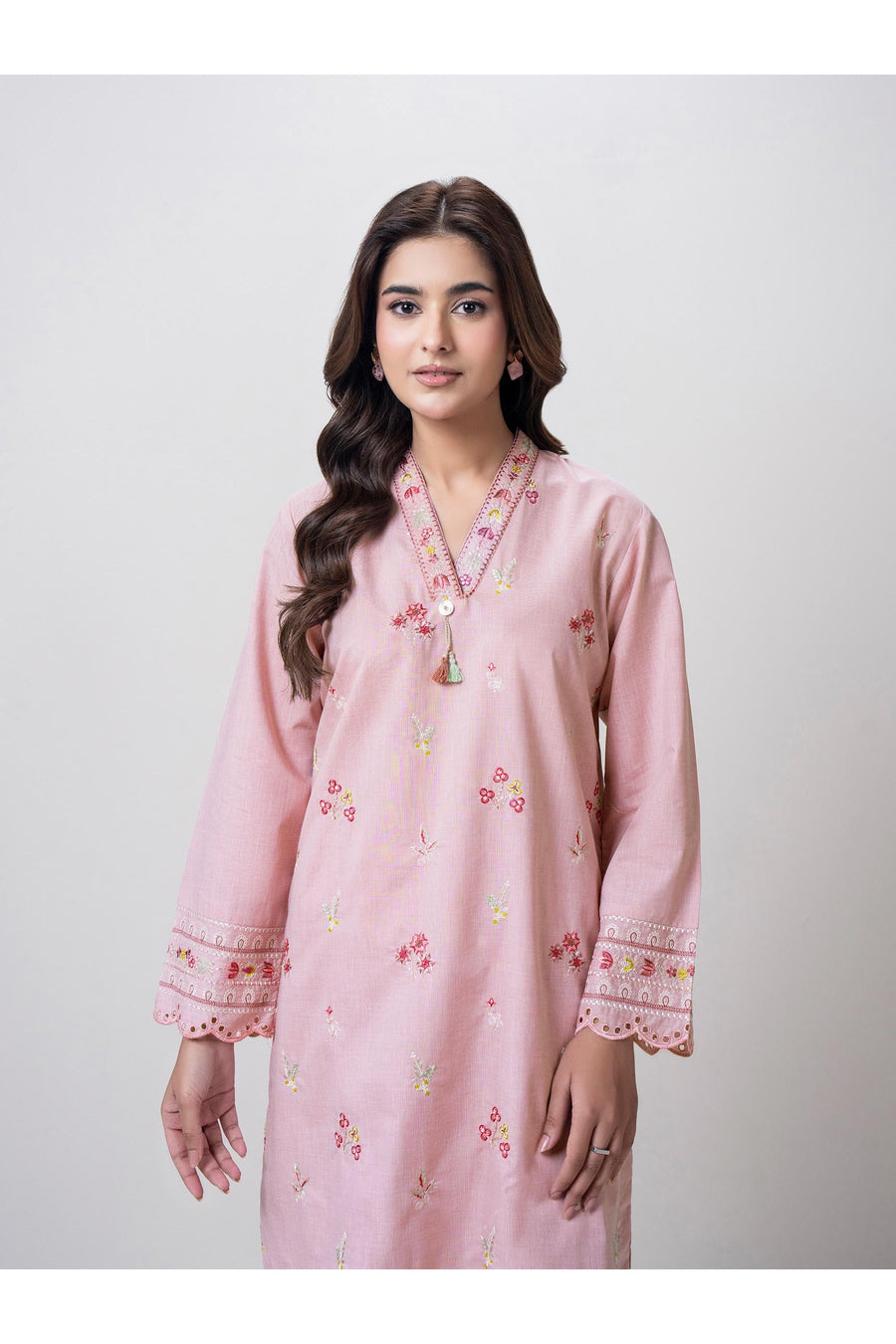 Tea Pink Cotton 2-Piece Suit | Floral Resham Embroidery