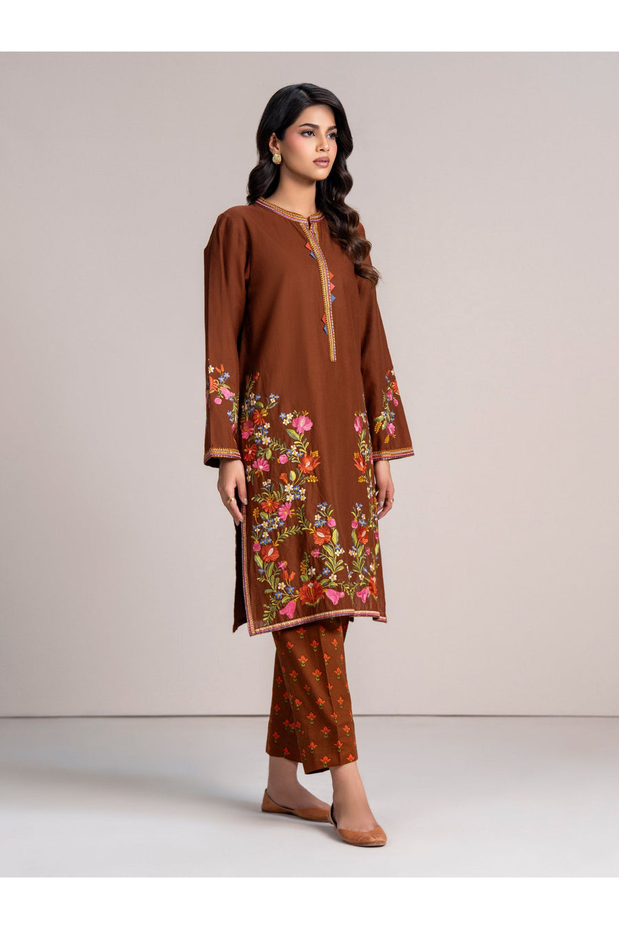 Rust Brown Khaddar 2-Piece Suit | Floral Resham Embroidery