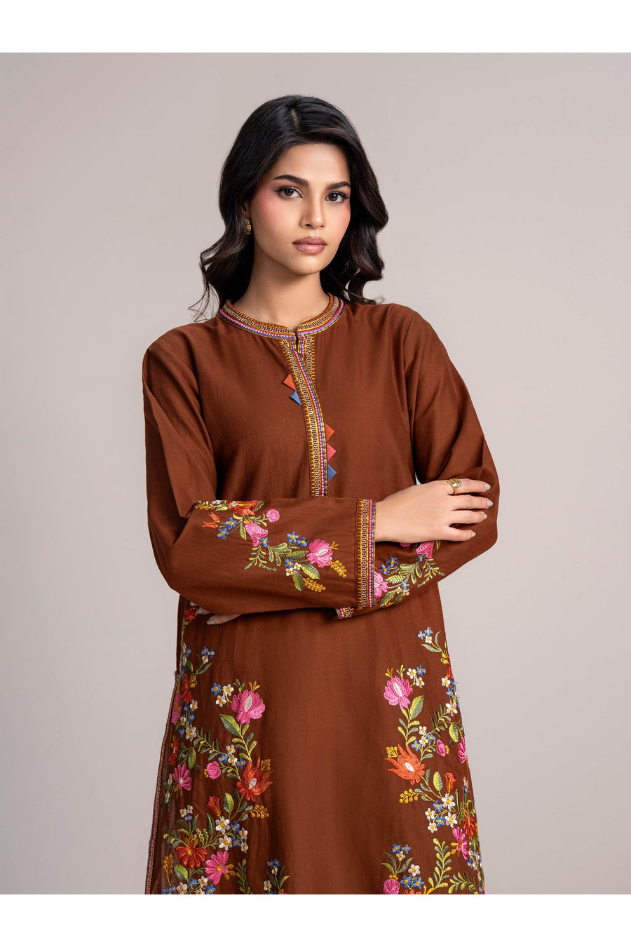 Rust Brown Khaddar 2-Piece Suit | Floral Resham Embroidery