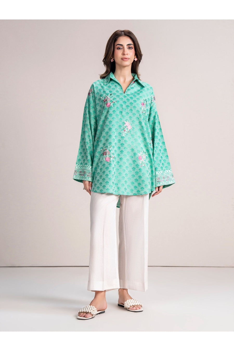 Seafoam Jacquard 2-Piece Kurti Set | Floral Resham Embroidery