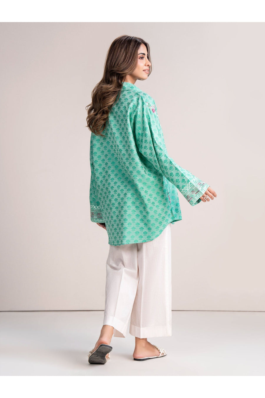 Seafoam Jacquard 2-Piece Kurti Set | Floral Resham Embroidery