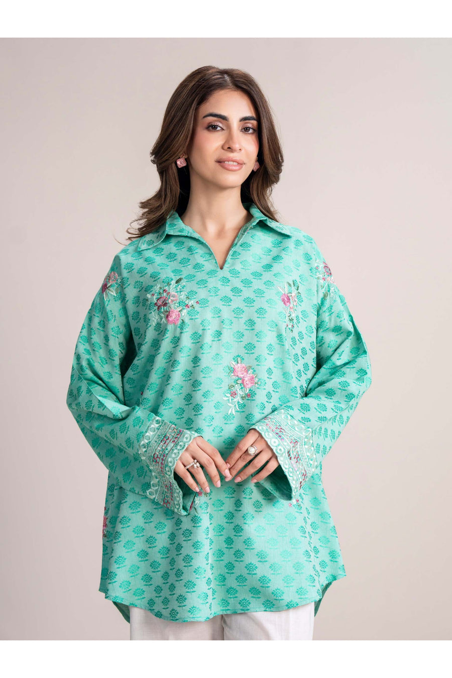 Seafoam Jacquard 2-Piece Kurti Set | Floral Resham Embroidery