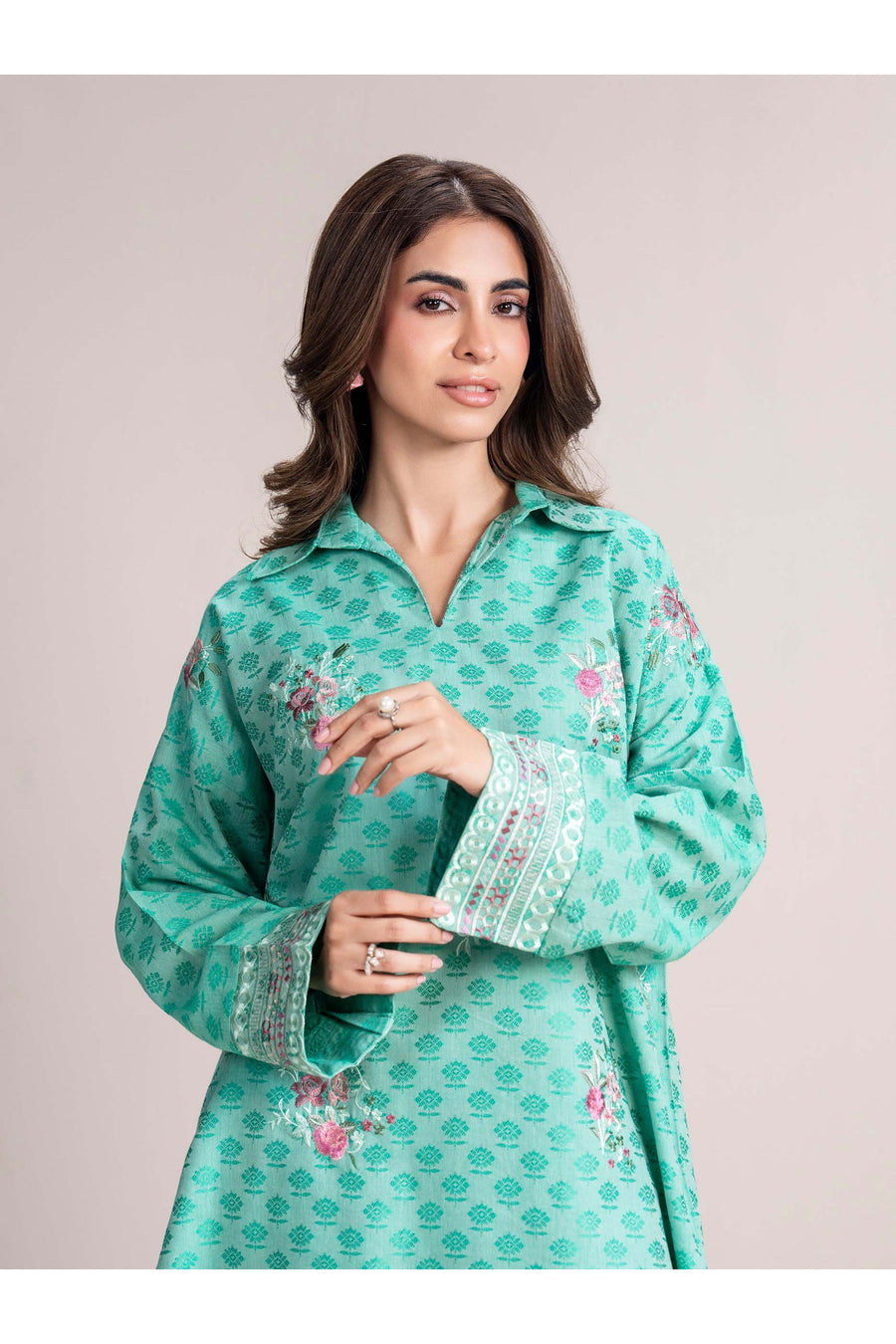 Seafoam Jacquard 2-Piece Kurti Set | Floral Resham Embroidery