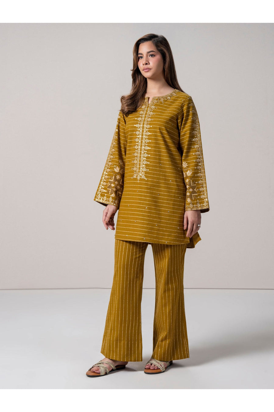 Mustard Silk 2-Piece Salwar Kameez | Zardosi Embroidered Kurta