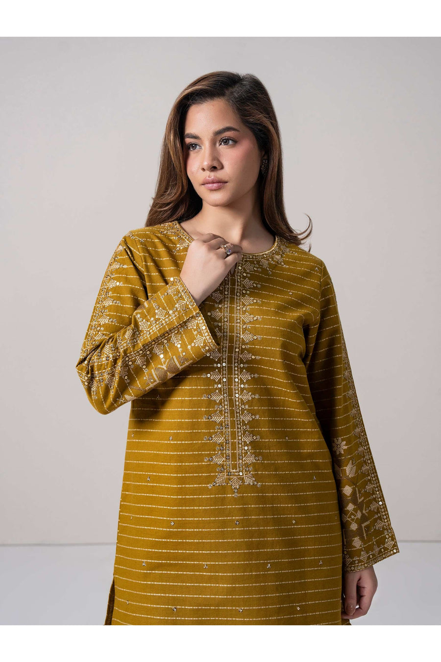 Mustard Silk 2-Piece Salwar Kameez | Zardosi Embroidered Kurta