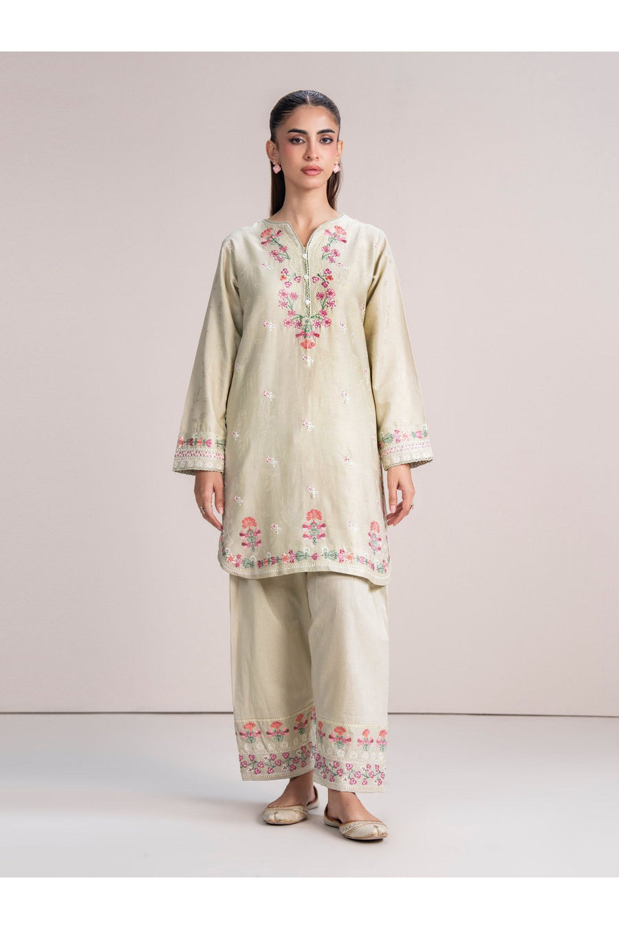 Ivory Jacquard 2-Piece Salwar Kameez | Resham Floral Embroidery