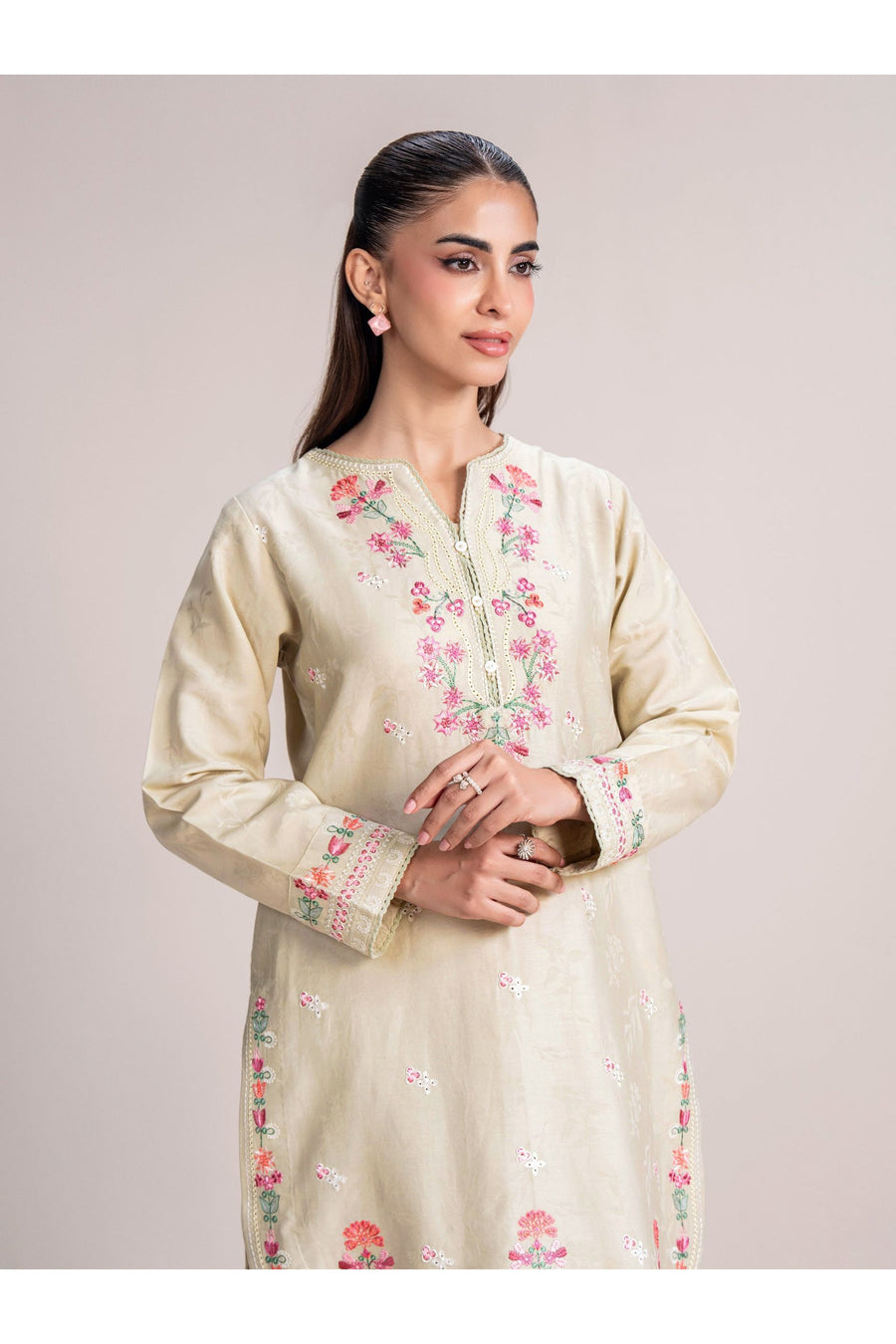 Ivory Jacquard 2-Piece Salwar Kameez | Resham Floral Embroidery