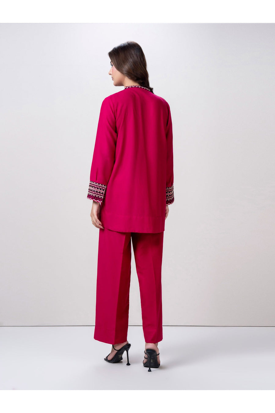 Magenta Jacquard 2-Piece Co-Ord Set | Embroidered Placket
