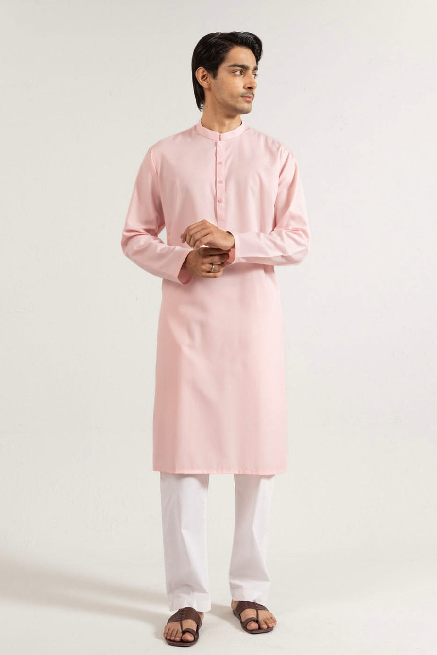 Mulberry Silk Cotton Blend Kurta Band Collar Slim - Pehnaawaa