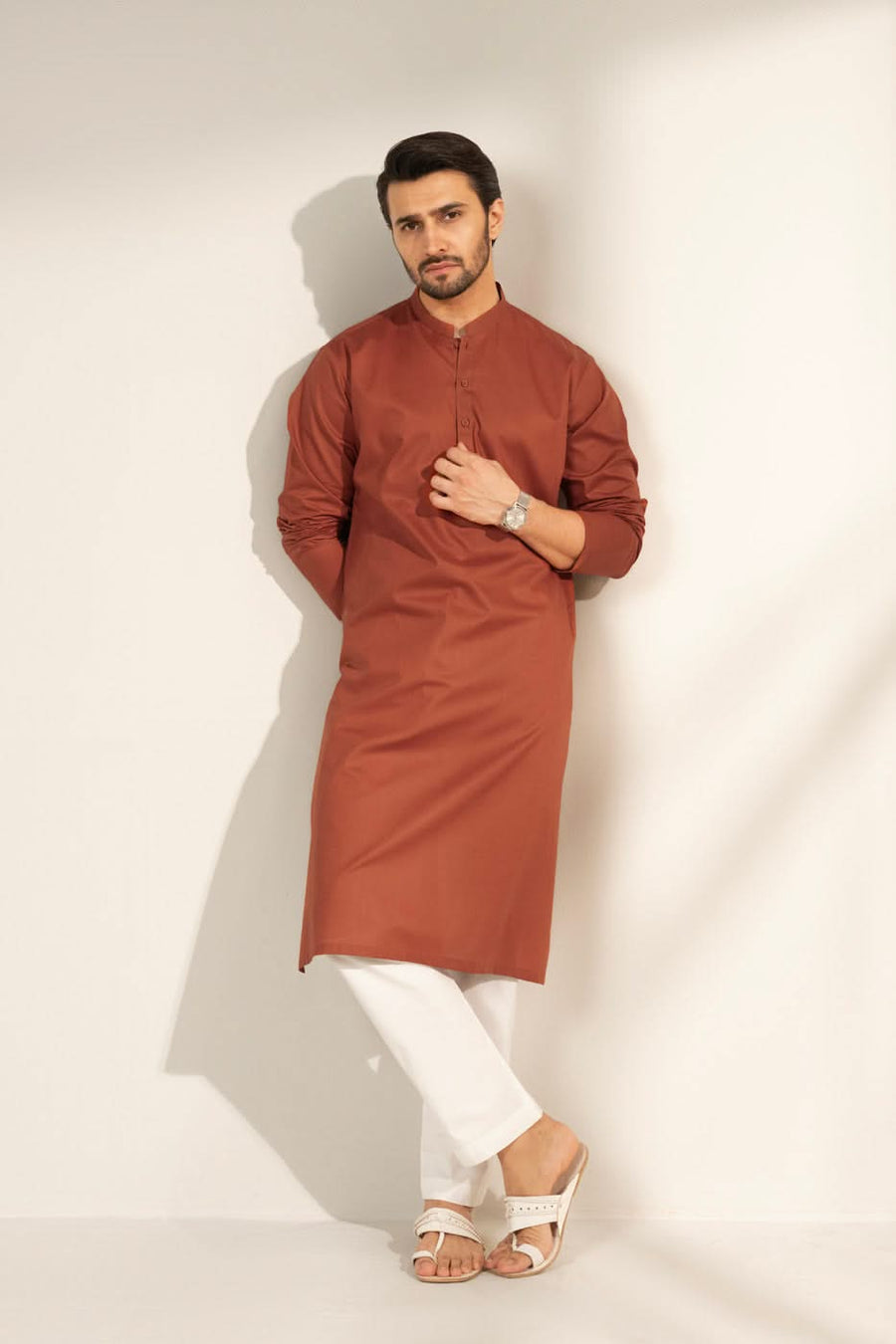 Rust Brown Cotton Kurta | Band Collar Minimalist Cut