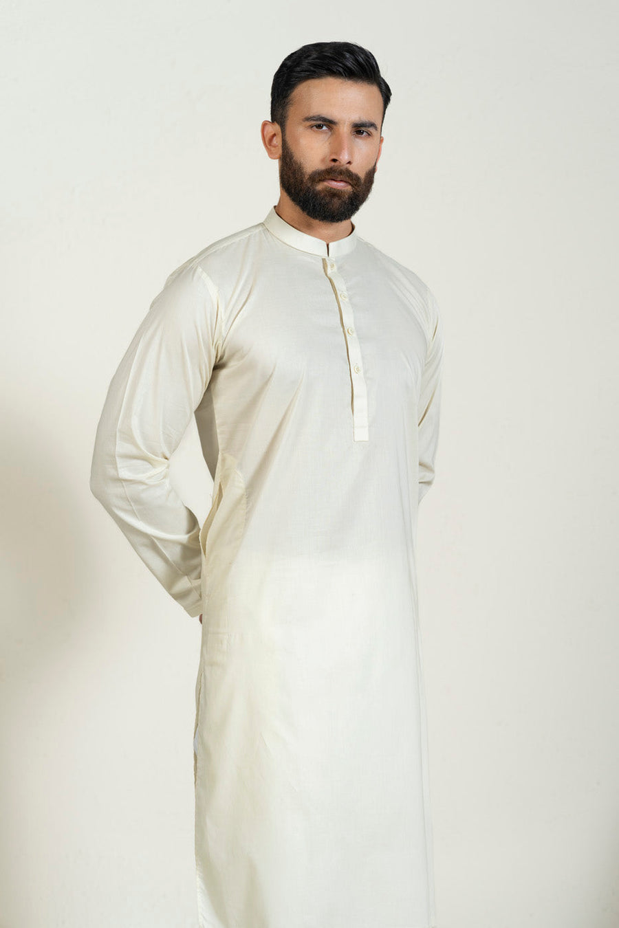 Ivory Cotton Kurta 2-Piece | Band Collar Minimalist