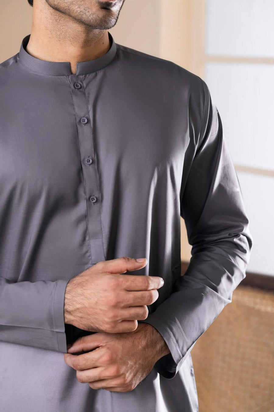 Slate Grey Cotton Kurta | Band Collar Slim Fit