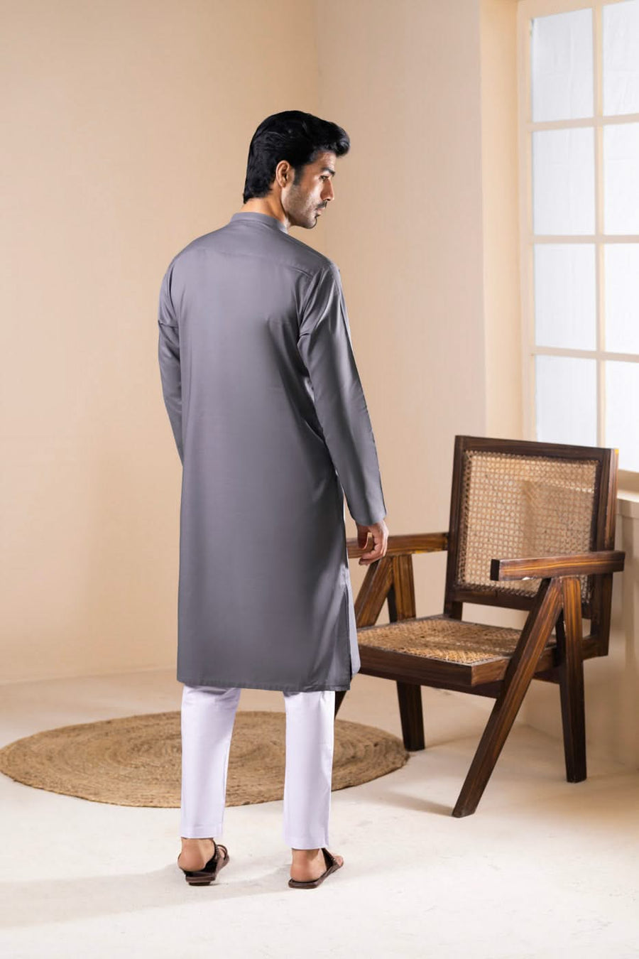 Slate Grey Cotton Kurta | Band Collar Slim Fit