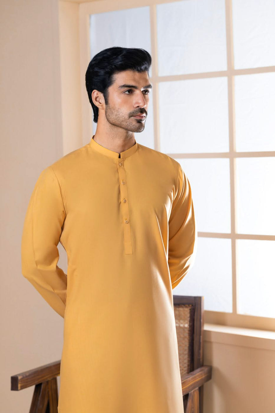 Mustard Silk Blend 2-Piece Kurta | Band Collar
