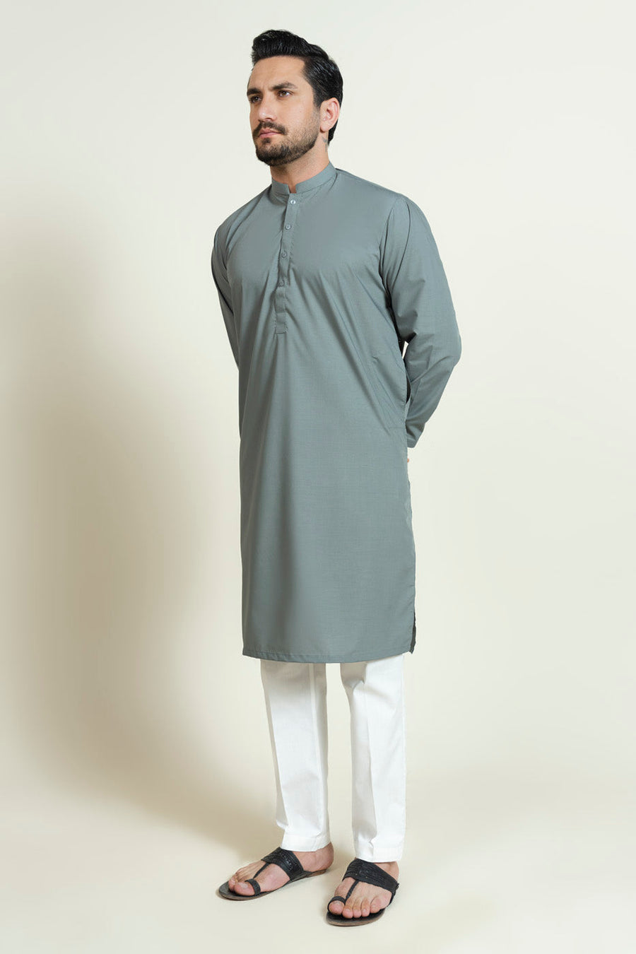 Sage Silk Blend 2-Piece Kurta | Band Collar Minimalist