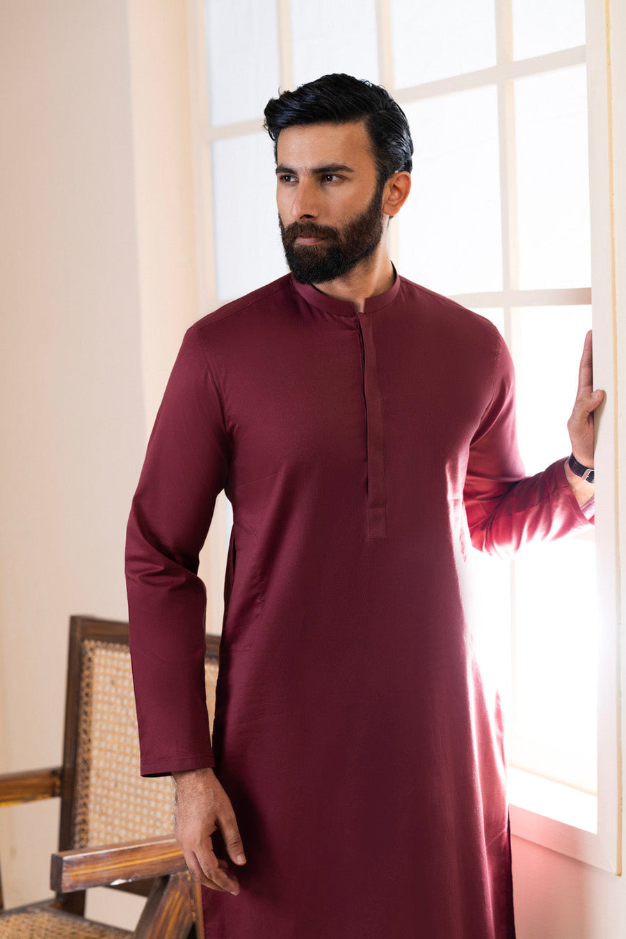 Burgundy Cotton Kurta | Band Collar Slim Silhouette