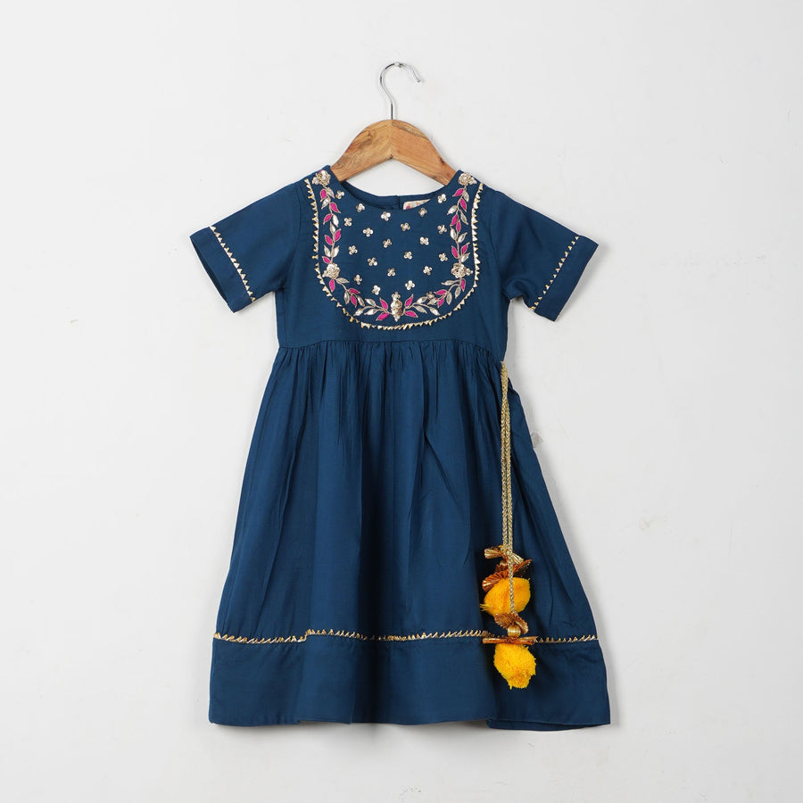 Girls Blue Hand Embroidered Ethnic Gota Dress with Pom Pom (1 Piece)