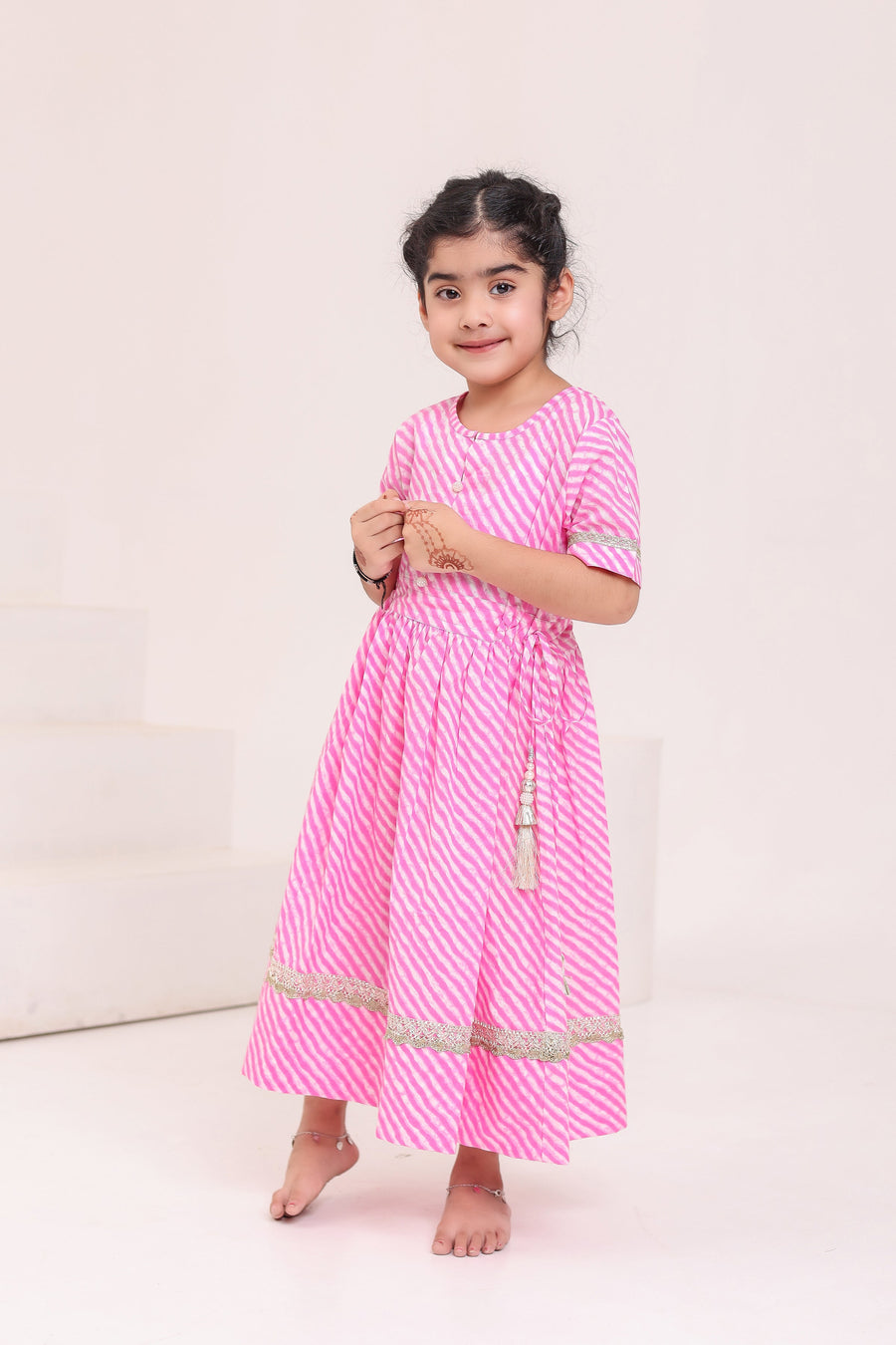 Girls Pink Leheriya Ankle Length Gota Dress with Tassels (1 Piece)