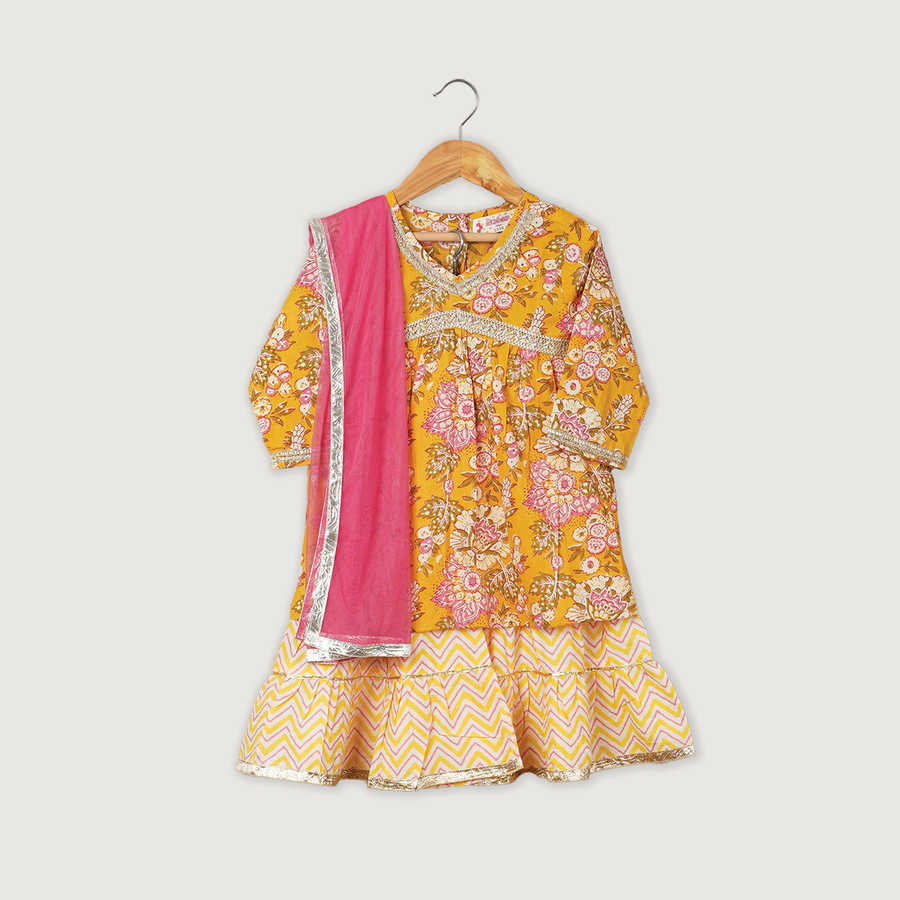 Girls Yellow Floral Kurti with Leheriya Sharara and Dupatta (3 Piece)