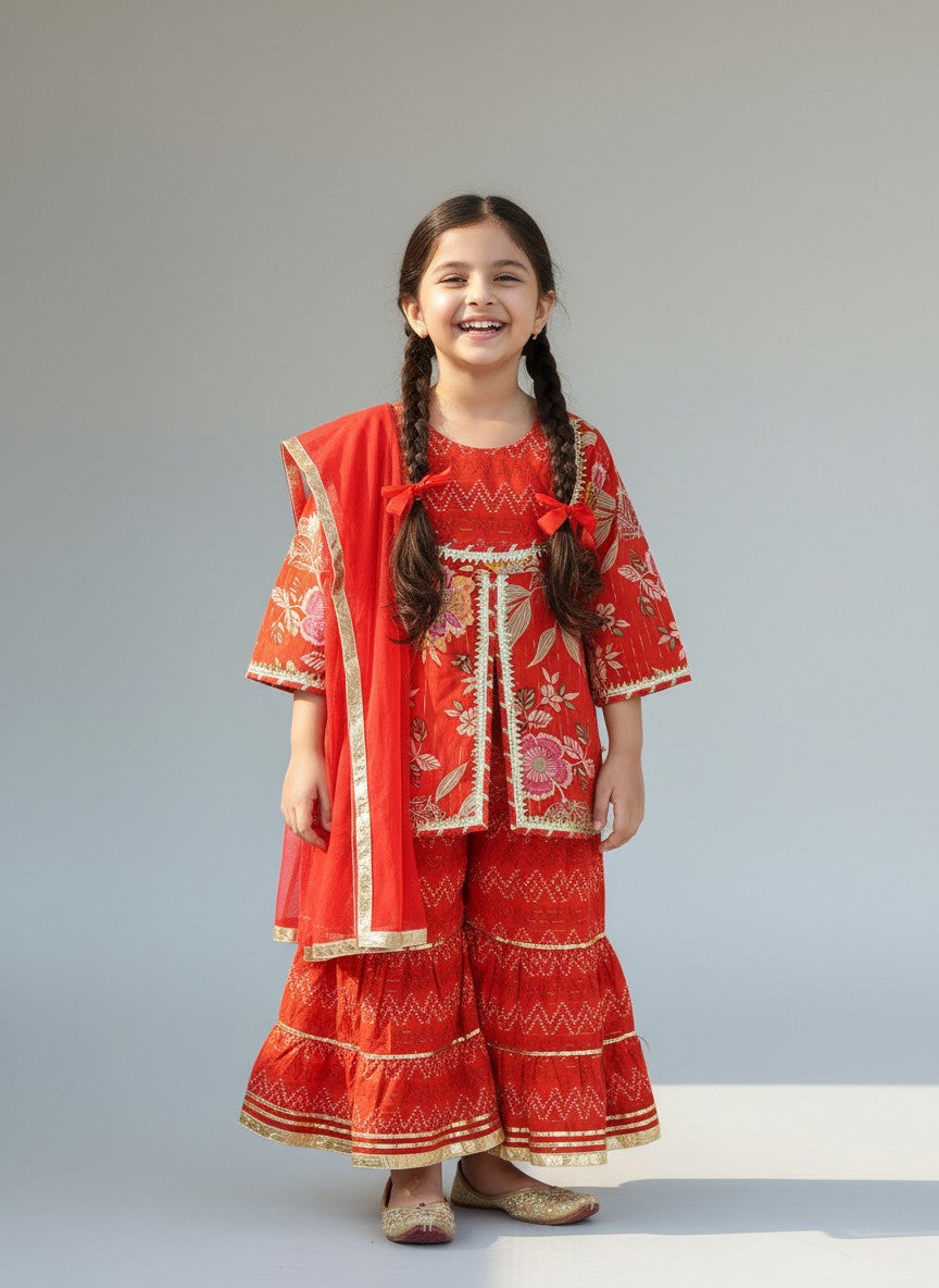 Girls Red Floral Yoke Kurti with Leheriya Sharara and Dupatta (3 Piece)