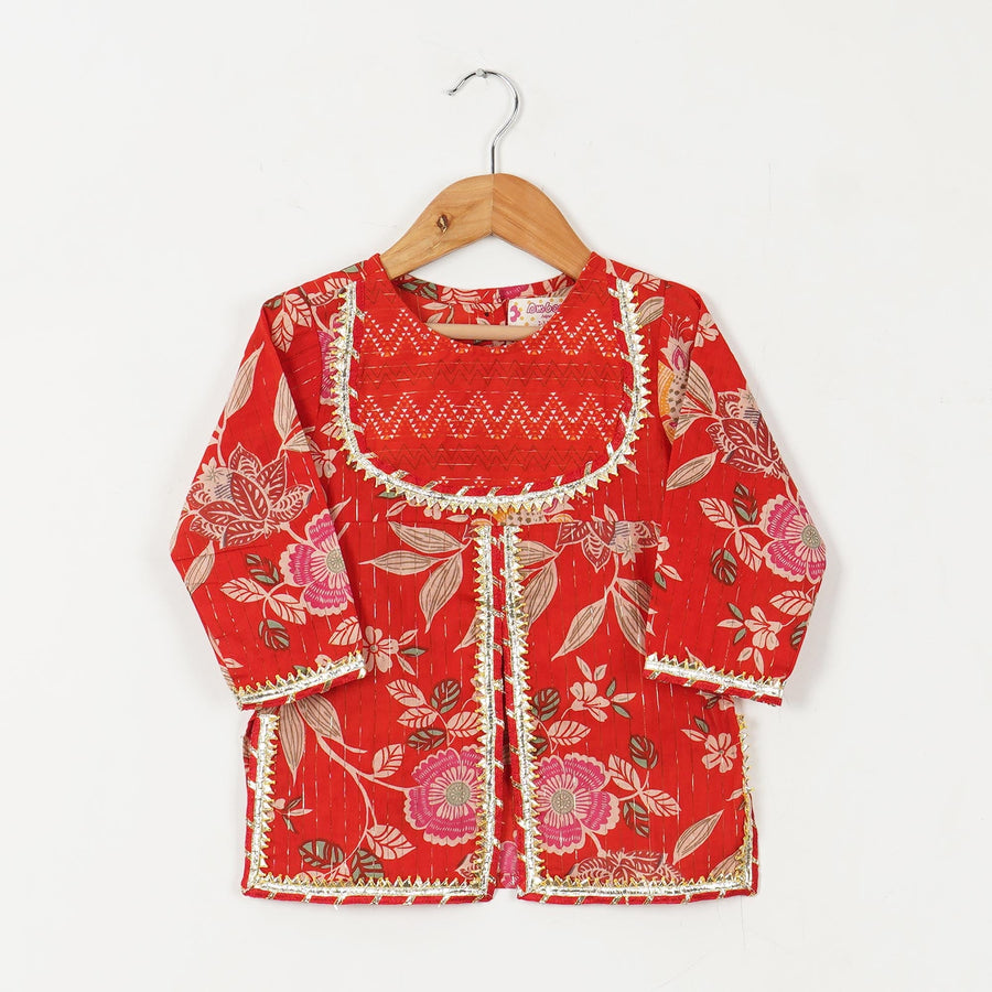 Girls Red Floral Yoke Kurti with Leheriya Sharara and Dupatta (3 Piece)