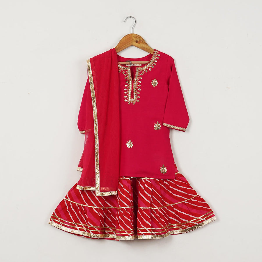 Girls Fuchsia Gota Patti Kurti with Leheriya Sharara and Dupatta (3 Piece)