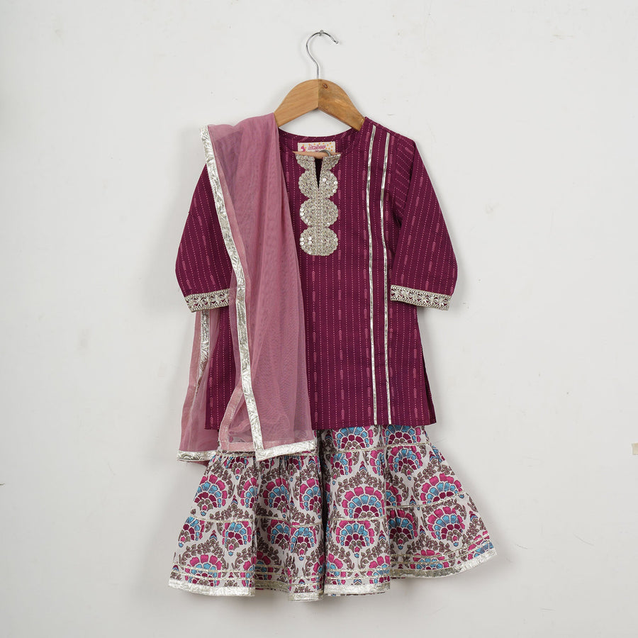 Girls Purple Kurti with Multicolor Floral Sharara and Dupatta (3 Piece)
