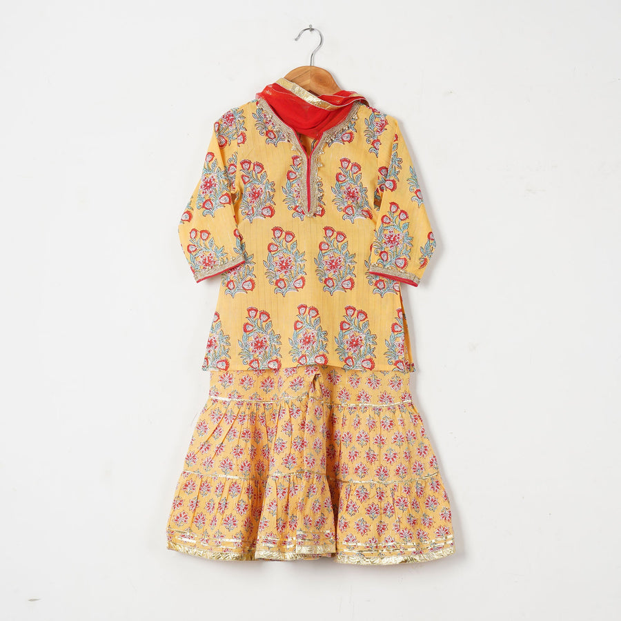 Girls Yellow Buta Kurti with Floral Sharara and Dupatta (3 Piece)