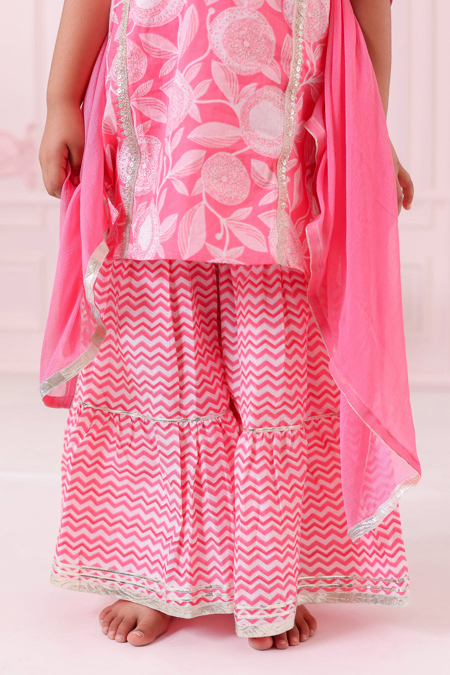 Girls Pink Floral Kurti with Leheriya Sharara and Dupatta (3 Piece)