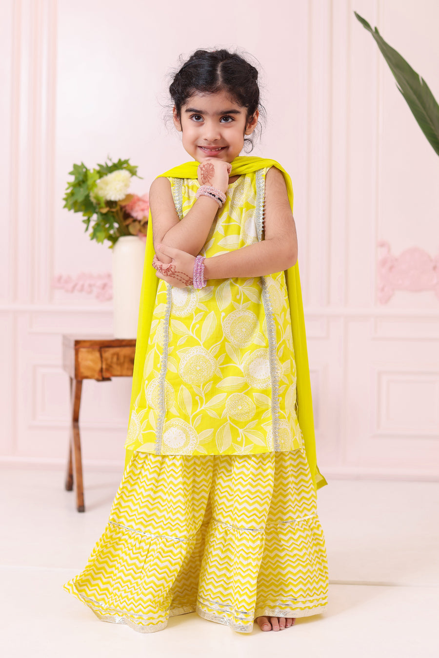 Girls Yellow Floral Kurti with Leheriya Sharara and Dupatta (3 Piece)