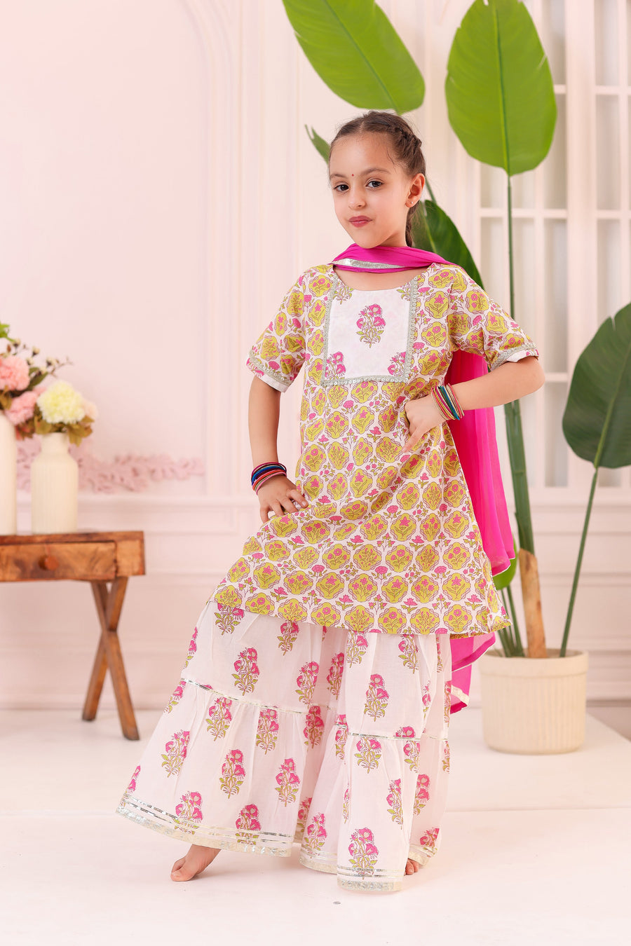 Girls Pink Printed Kurti with White Buti Sharara and Dupatta (3 Piece)