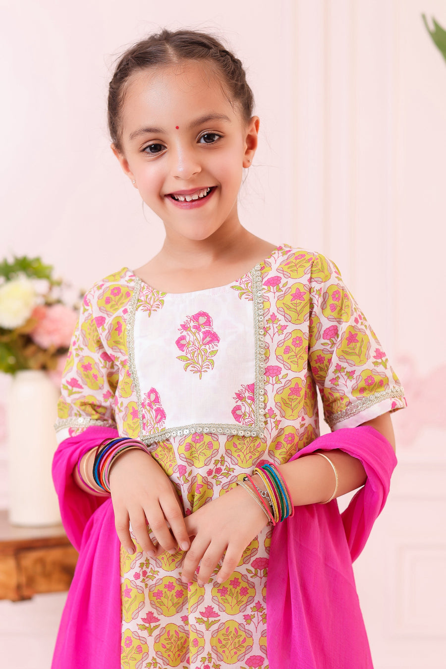 Girls Pink Printed Kurti with White Buti Sharara and Dupatta (3 Piece)