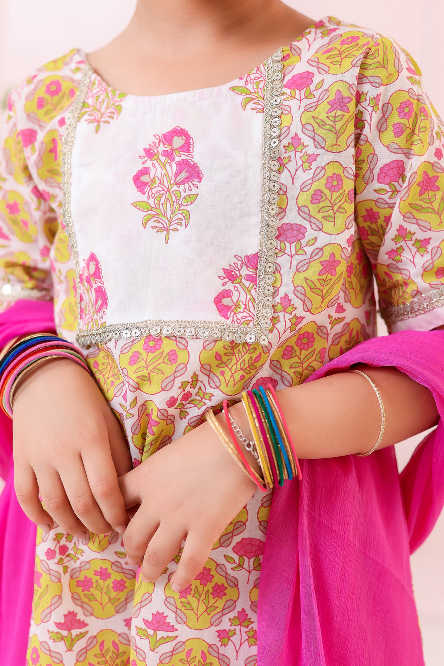 Girls Pink Printed Kurti with White Buti Sharara and Dupatta (3 Piece)