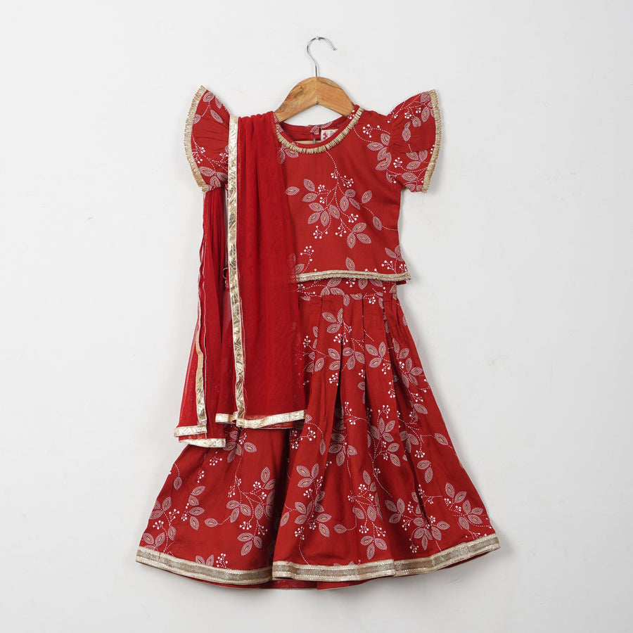 Girls Rust Rayon Floral Lehenga with Top and Dupatta (3 Piece)