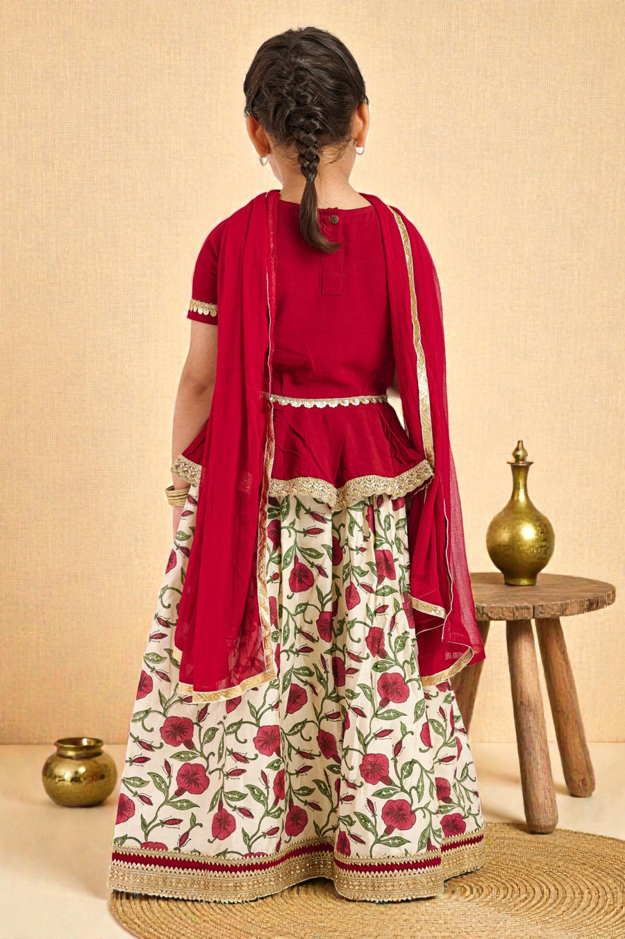 Girls Maroon Handblock Chanderi Lehenga with Peplum Top and Dupatta (3 Piece)
