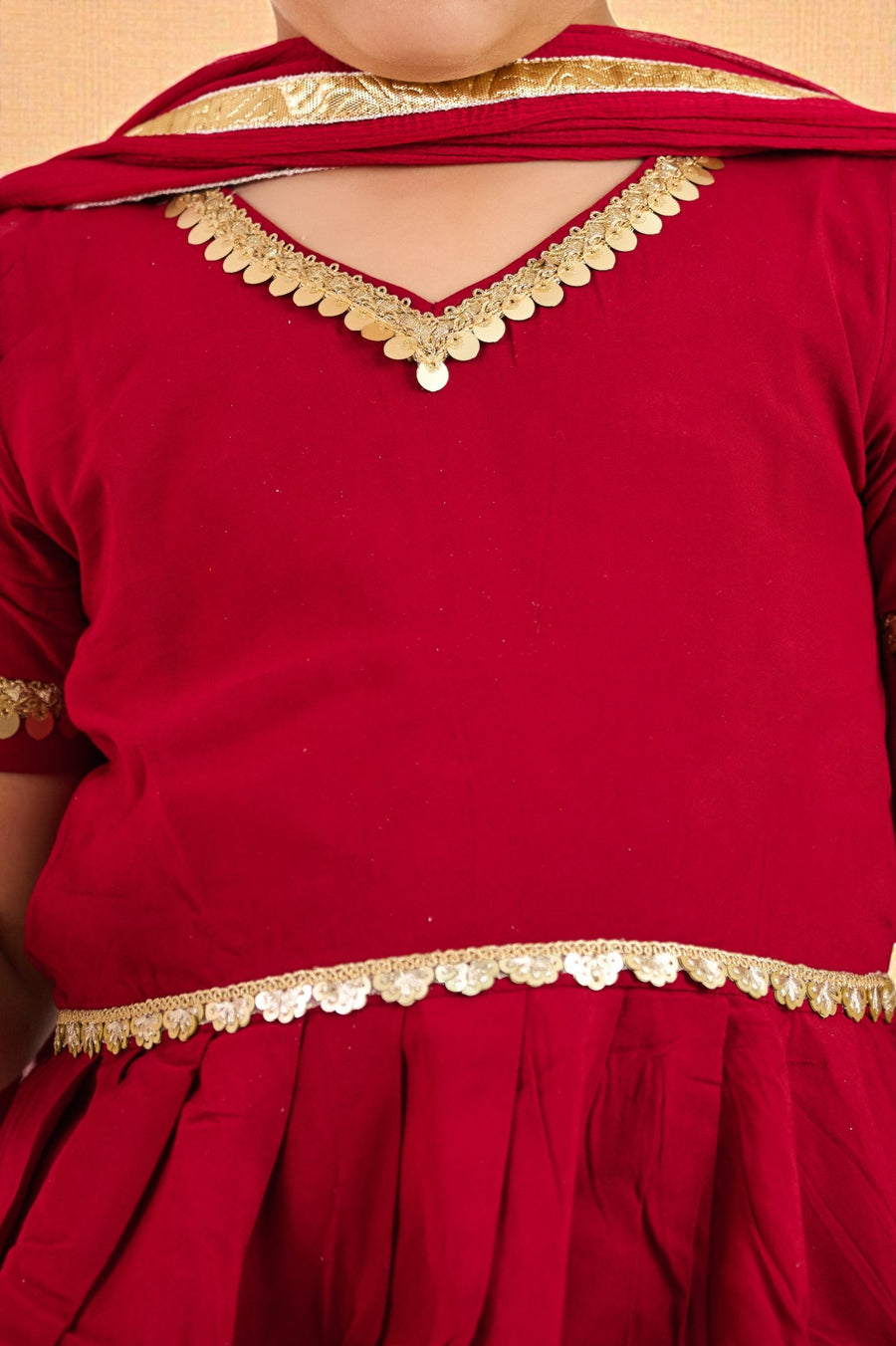 Girls Maroon Handblock Chanderi Lehenga with Peplum Top and Dupatta (3 Piece)