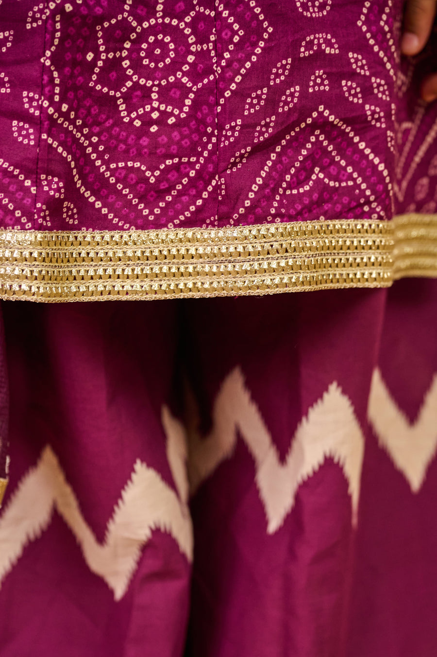 Girls Purple Bandhej Kurti with Leheriya Palazzo and Dupatta (3 Piece)