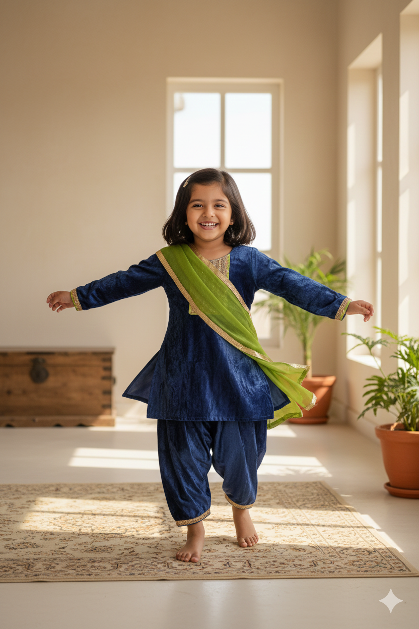 Girls Blue Velvet Kurti with Velvet Aghani Salwar and Dupatta (3 Piece)