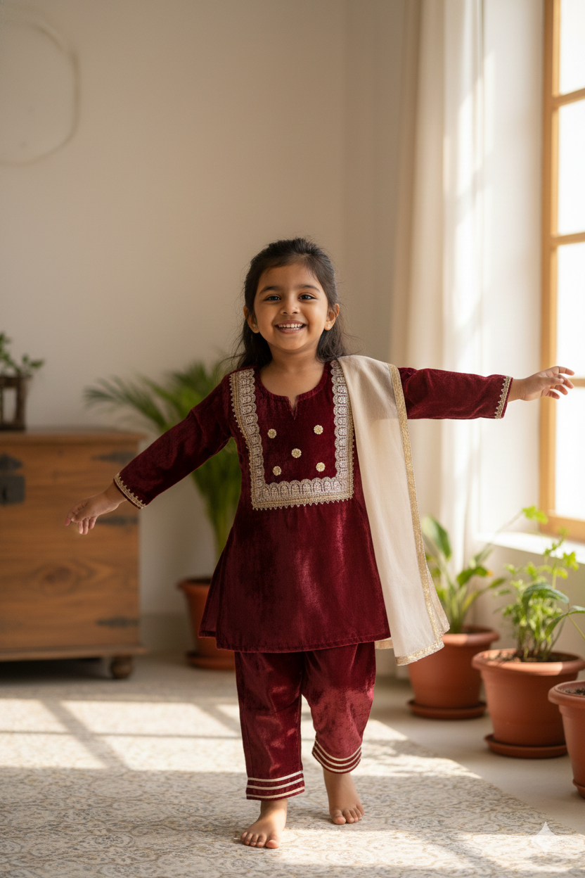 Girls Maroon Velvet Kurti with Velvet Pant and Dupatta (3 Piece)