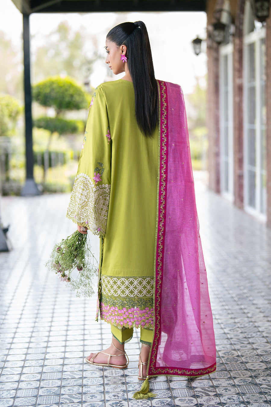 Lime Zest – Premium Embroidered Lime Green & Magenta 3-Piece Festive Lawn Suit - Pehnaawaa