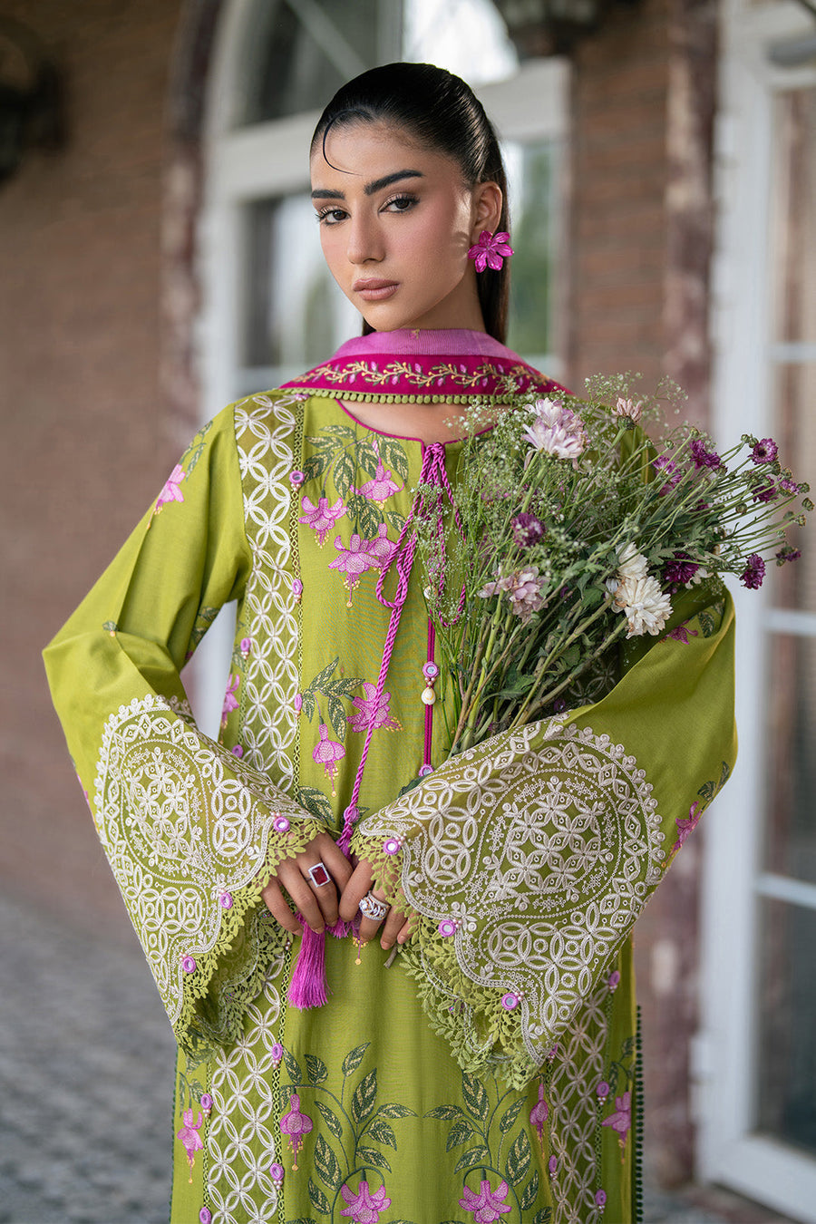 Lime Zest – Premium Embroidered Lime Green & Magenta 3-Piece Festive Lawn Suit - Pehnaawaa