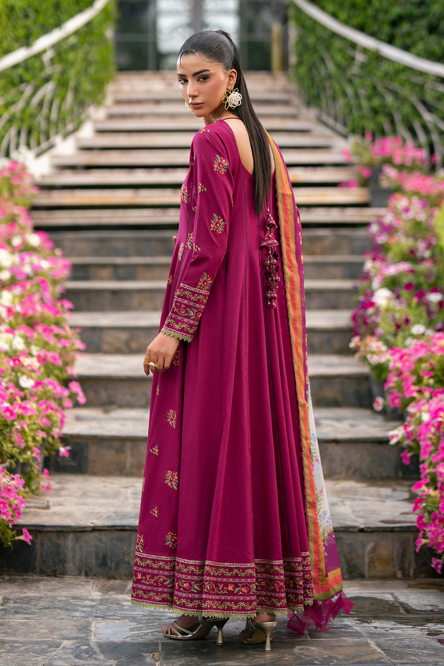 Magenta embroidered floral maxi dress back view with pleated design and printed chiffon dupatta