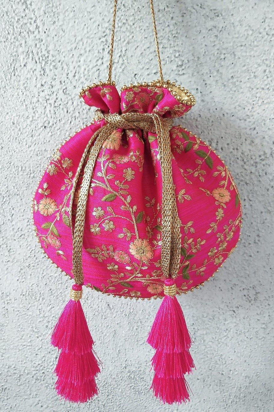 Floral Creeper Pink Potli Bag