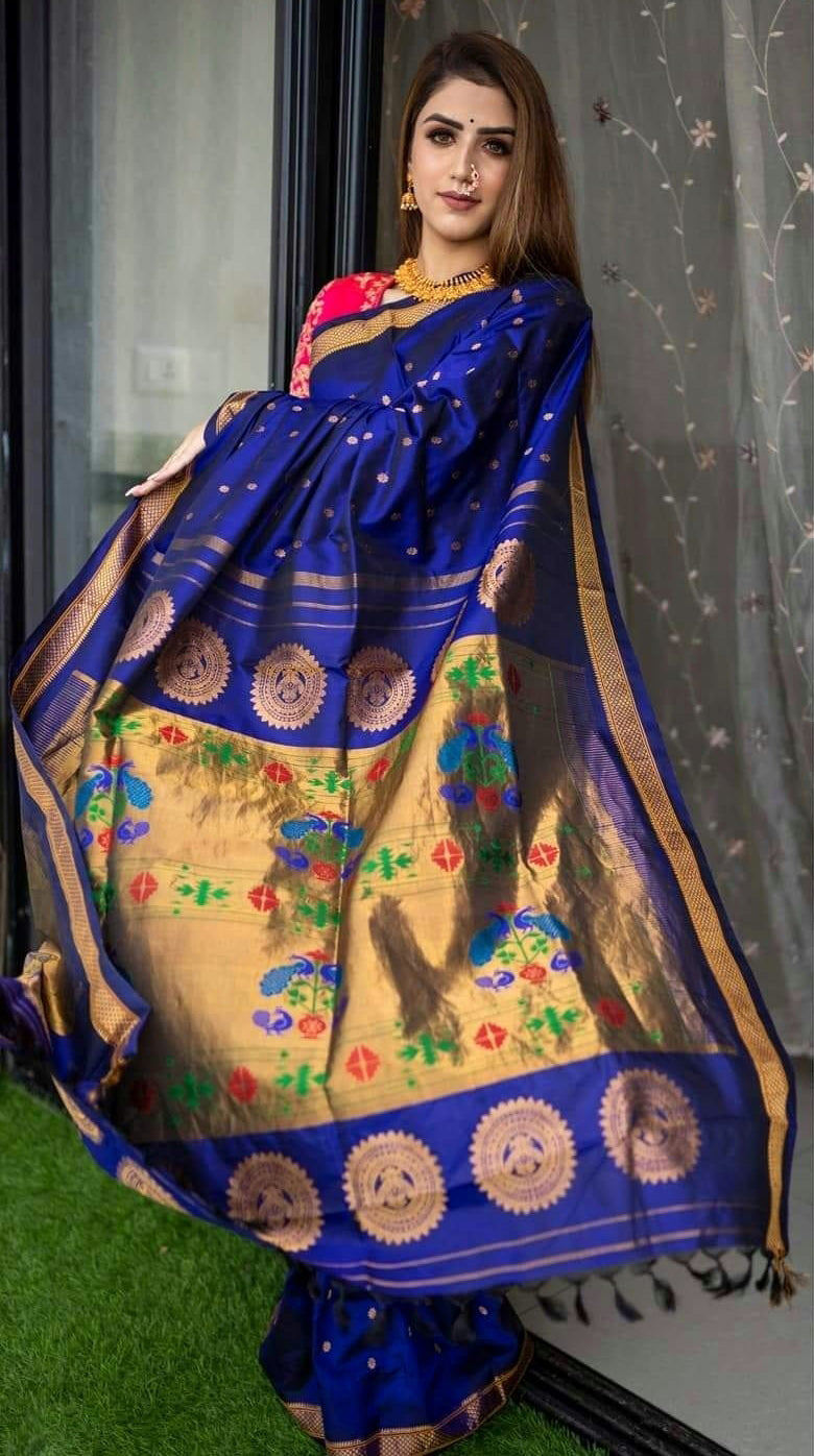 Designer Royal Blue Paithani Silk Saree With Flameboyant Blouse Piece - Pehnaawaa
