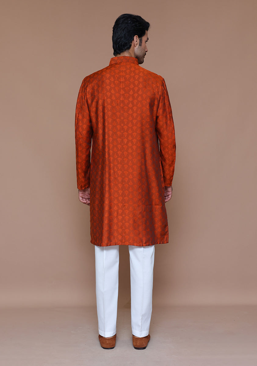 Back view of rust jamawar kurta showing full embroidery on male model against plain background