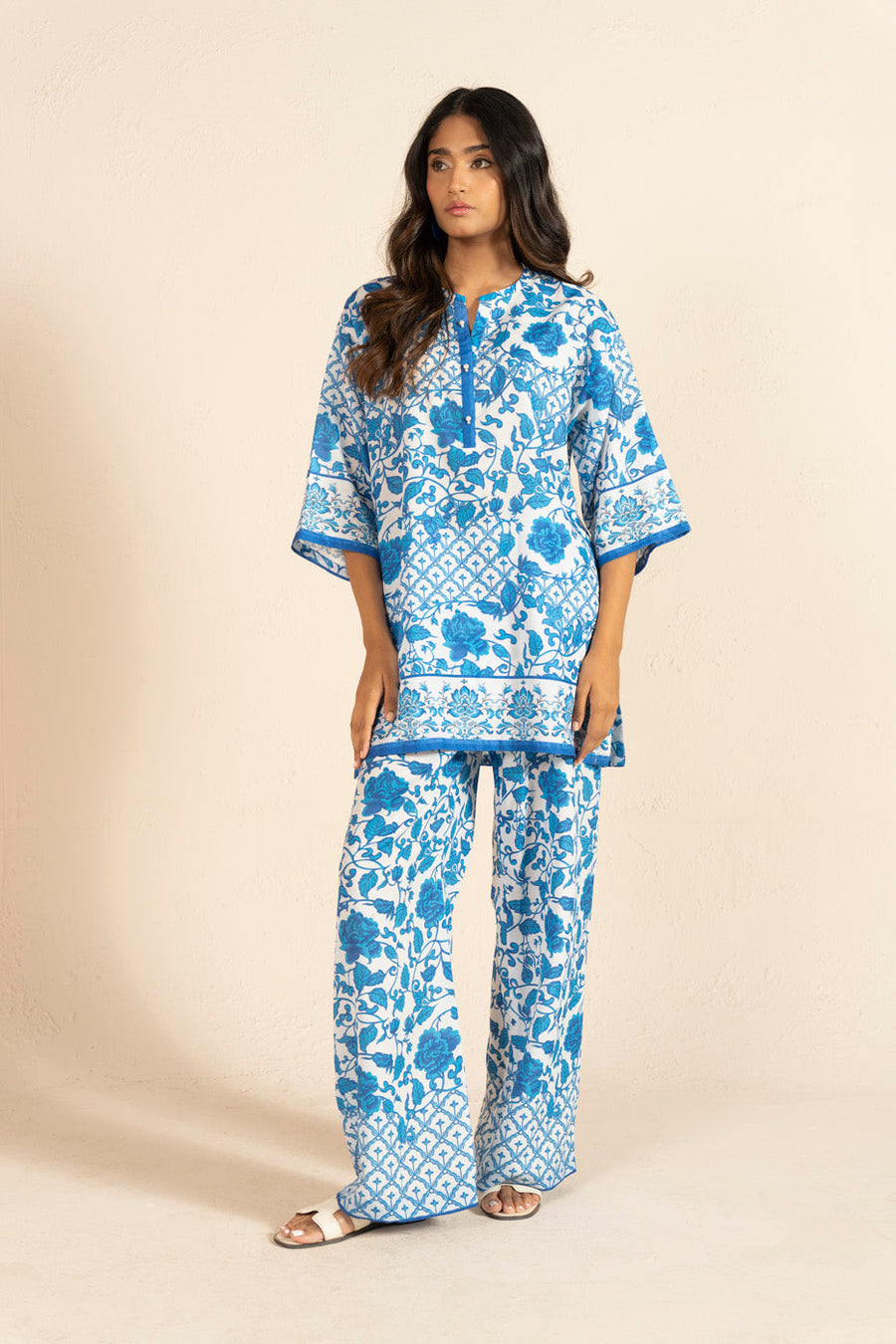 Teal Floral Poly Lawn 2-Piece Suit | Indigo Border Detail