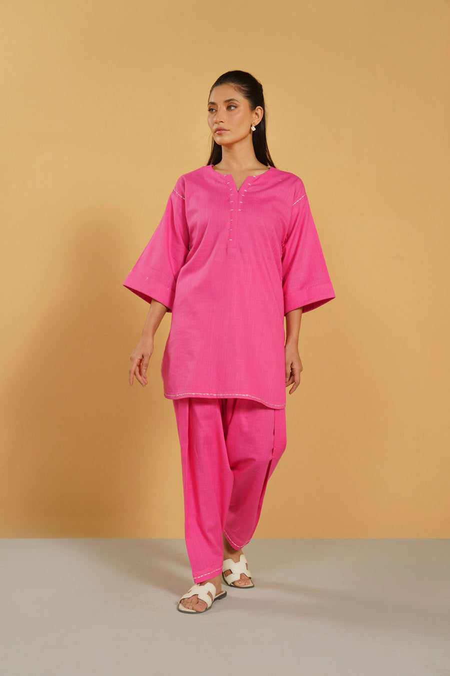 Magenta Linen 2-Piece Suit | Henley Neckline Culotte Set